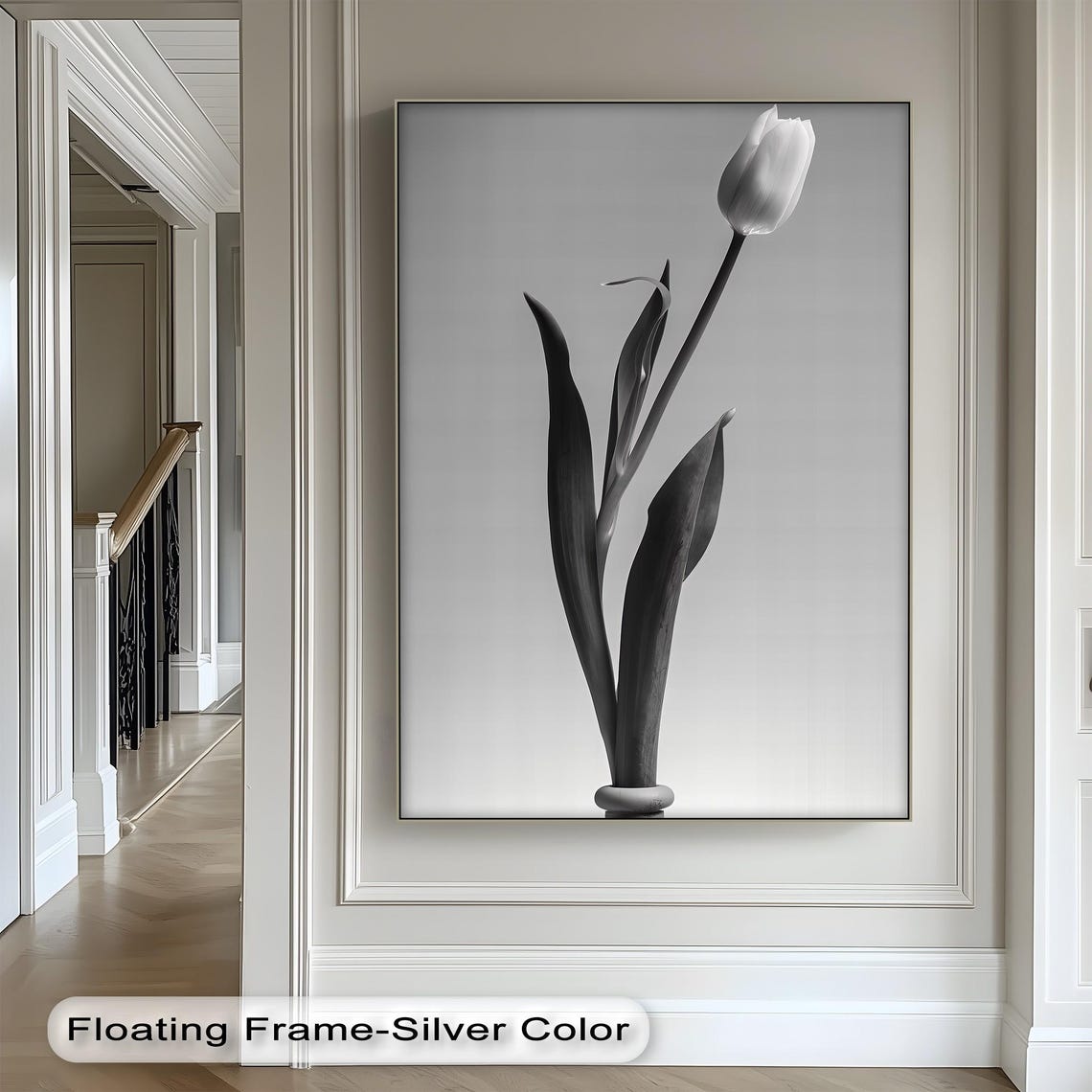 Minimalist White Tulip Bloom on Soft Gray Elegant Botanical Wall Art
