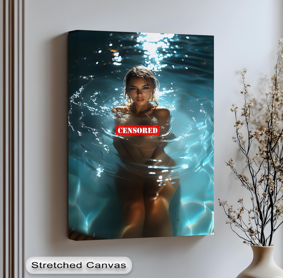 Sensual Woman Canvas Artwork Moody Blue Water Reflection Black Framed Wall Art