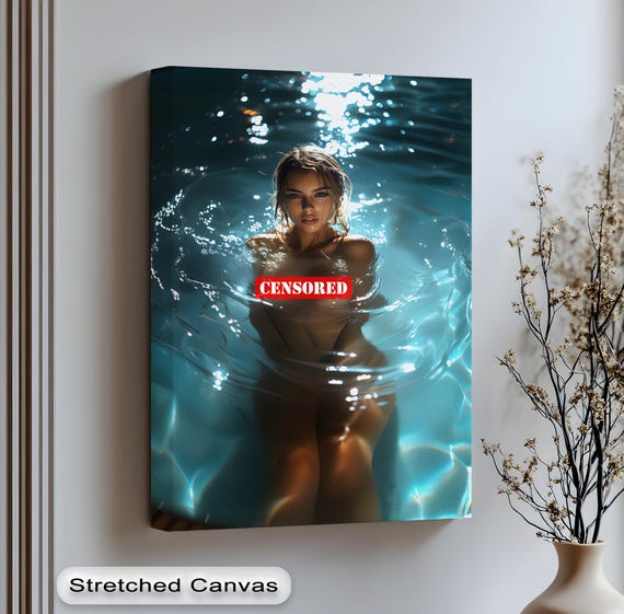 Sensual Woman Canvas Artwork Moody Blue Water Reflection Black Framed Wall Art