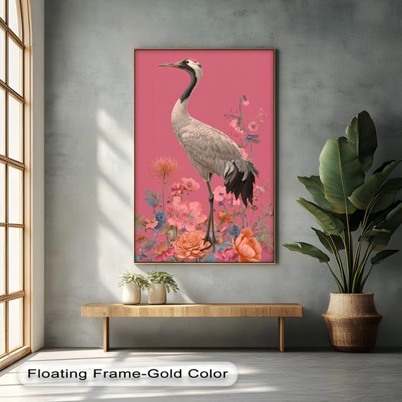 Crane Canvas Wall Art Pink Floral Botanical Artwork With White Frame