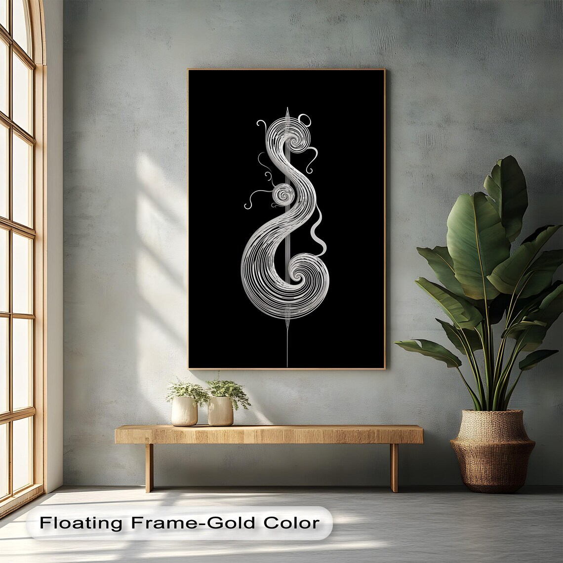 White Spiral Treble Clef On Black Minimalist Modern Music Room Wall Poster