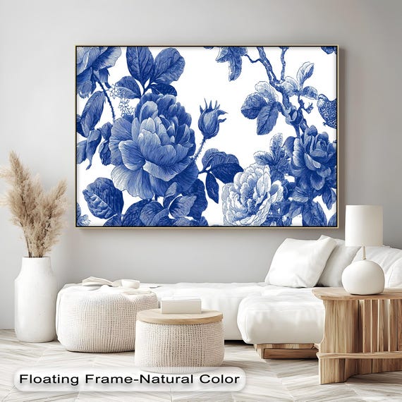 Blue Botanical Floral Canvas Art Vintage Ink Drawing Natural Wood Frame