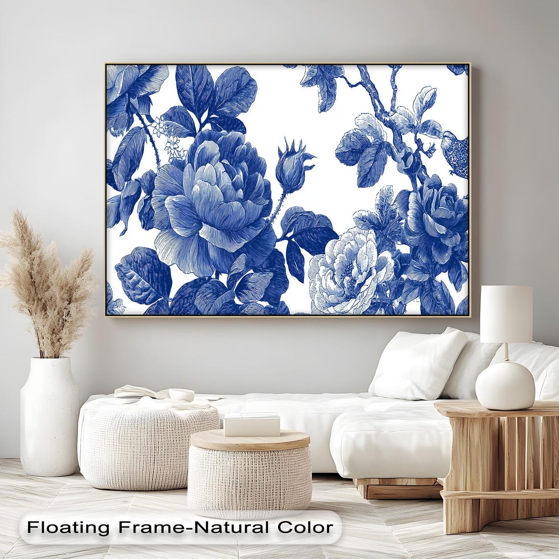 Blue Botanical Floral Canvas Art Vintage Ink Drawing Natural Wood Frame