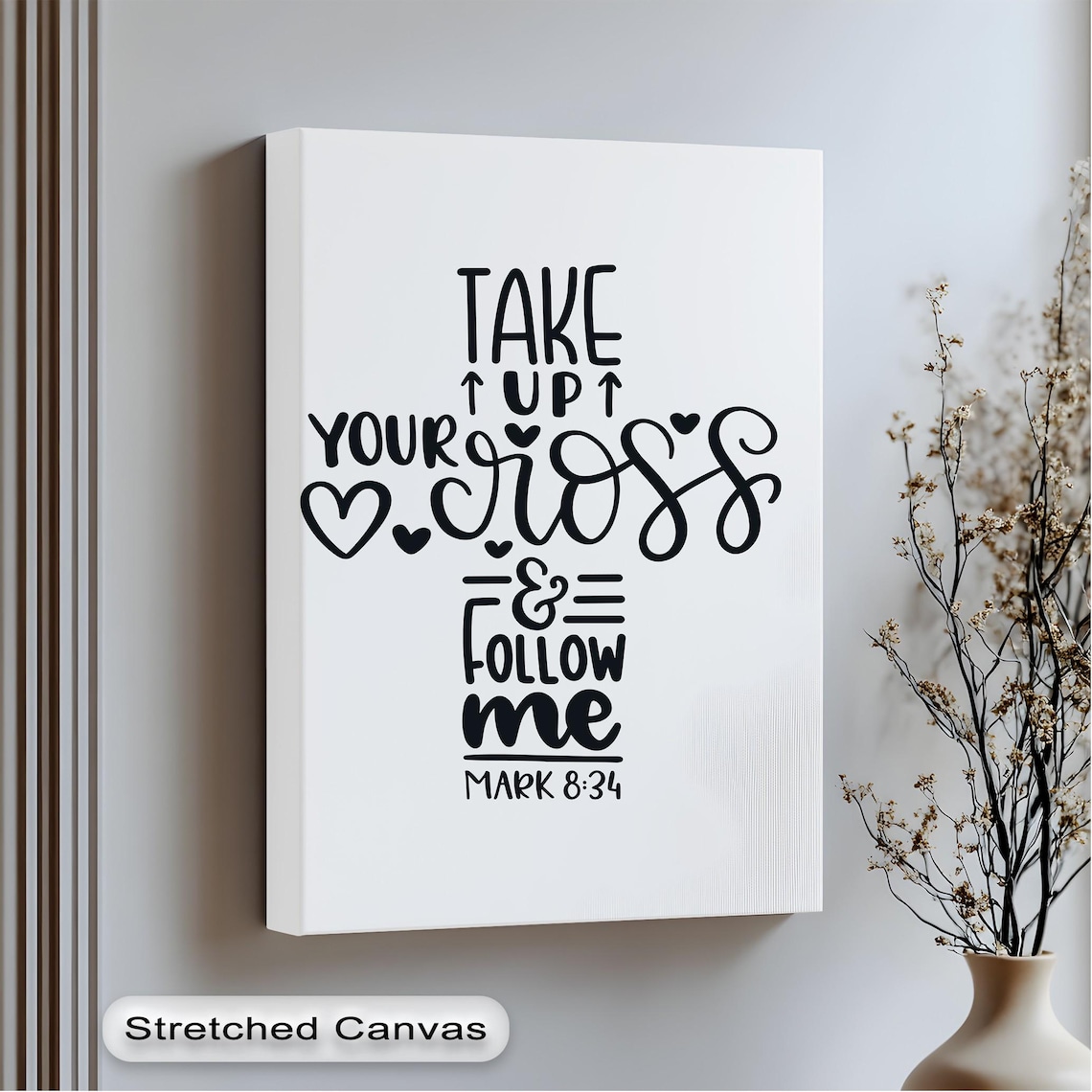 Take Up Your Cross Follow Me Canvas Christian Wall Art With Bible Verse Mark 834 Black Typography On White Scripture Home Decor