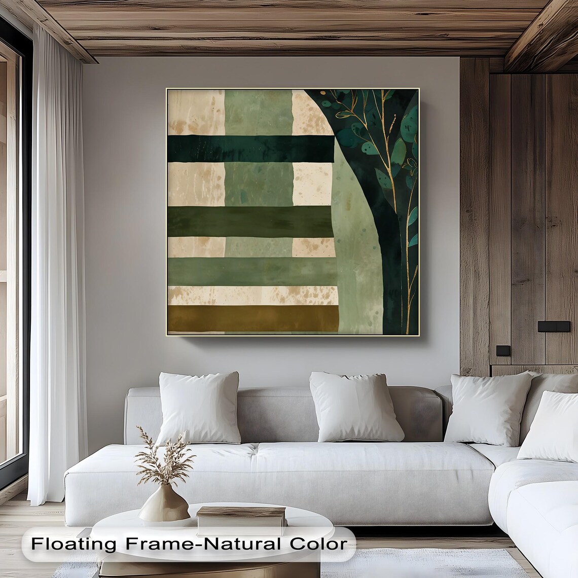 Botanical Abstract Canvas Art Green Gold Stripes Black Frame