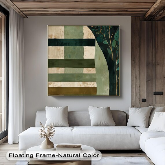 Botanical Abstract Canvas Art Green Gold Stripes Black Frame