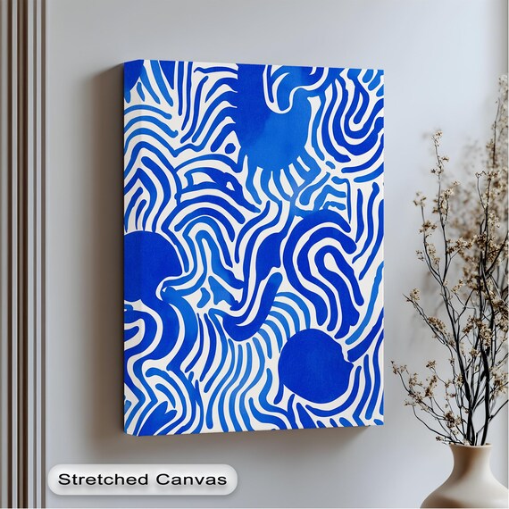 Blue Abstract Canvas Wall Art Modern Patterned Artwork With Anthracite Floating Frame