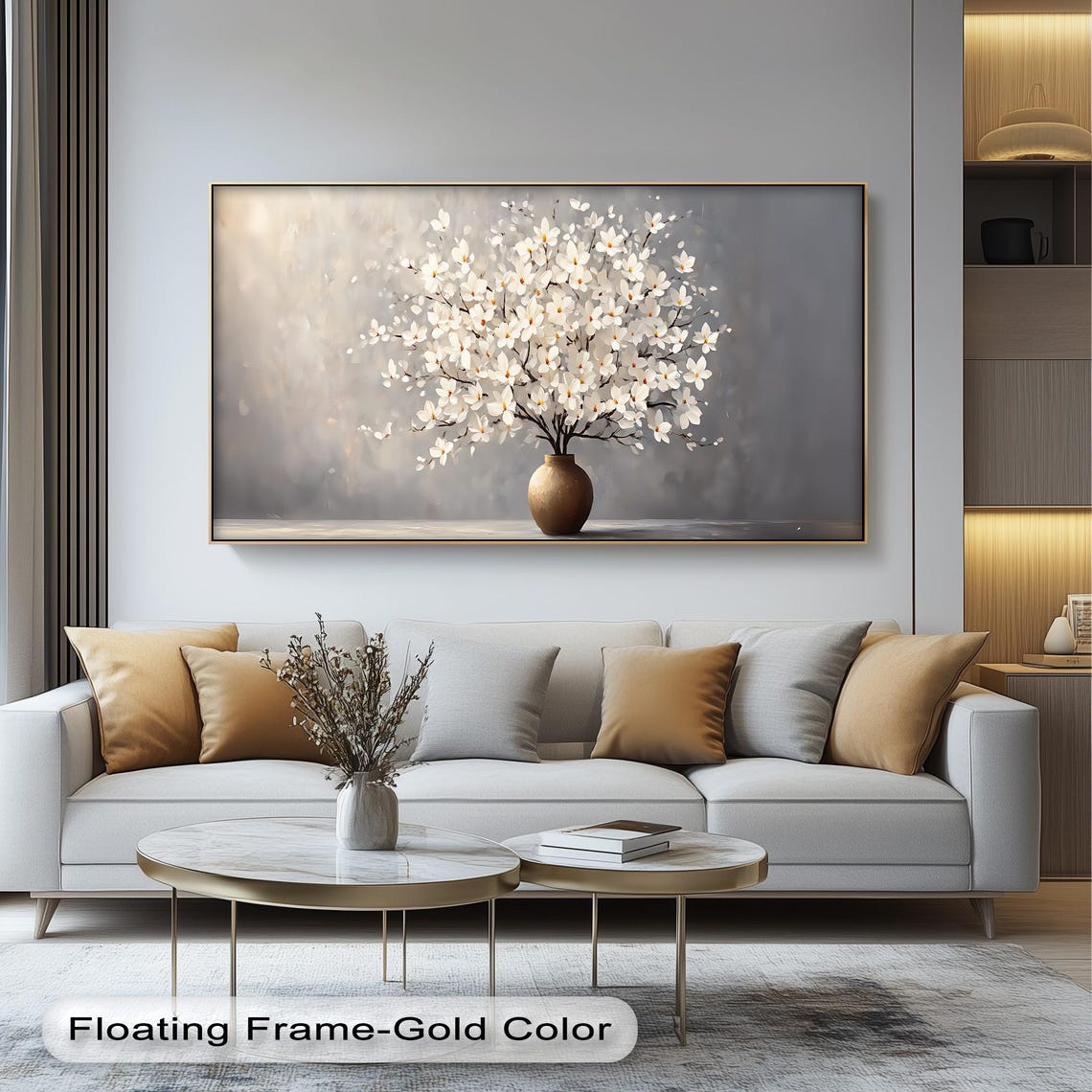 Elegant White Blossoms In Bronze Vase Gray Modern Floral Art Poster