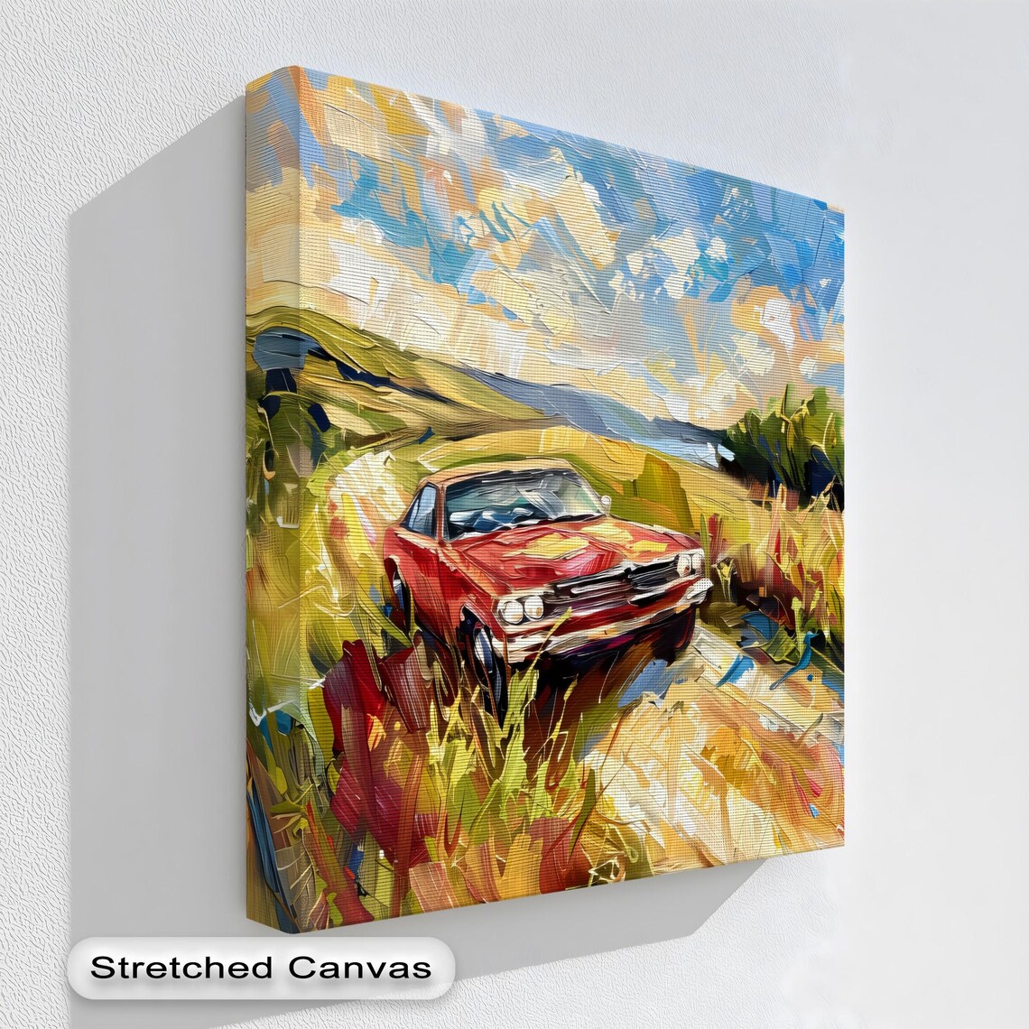 Vintage Red Car Canvas Art Abstract Countryside Painting With Gold Frame