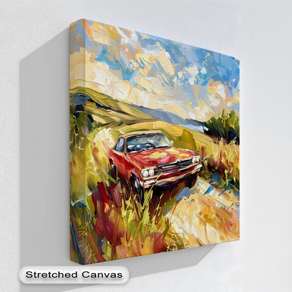 Vintage Red Car Canvas Art Abstract Countryside Painting With Gold Frame