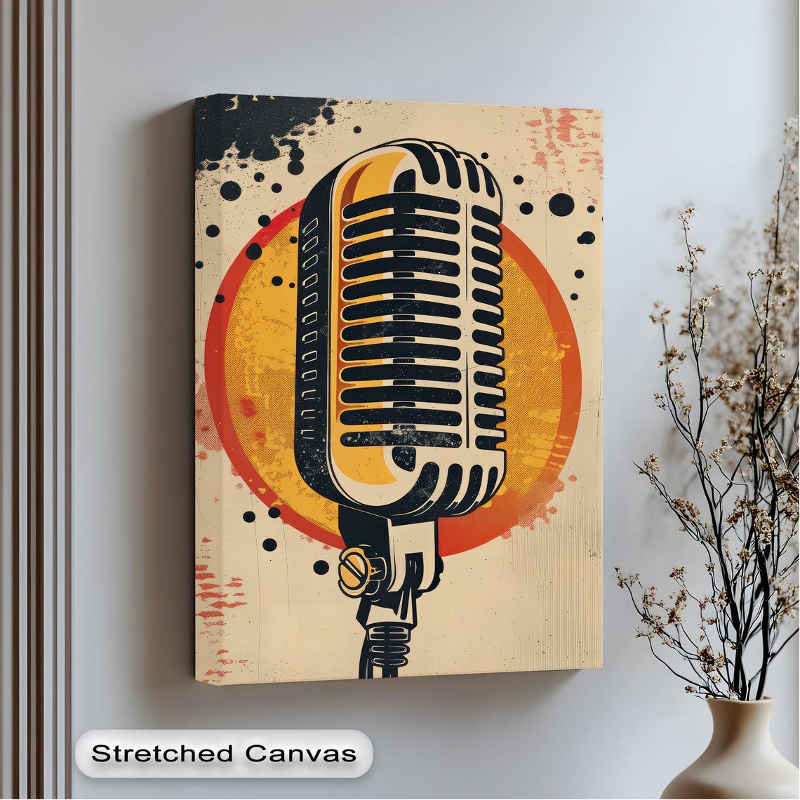 Vintage Microphone Retro Pop Art Sunburst Music Studio Canvas Wall Art