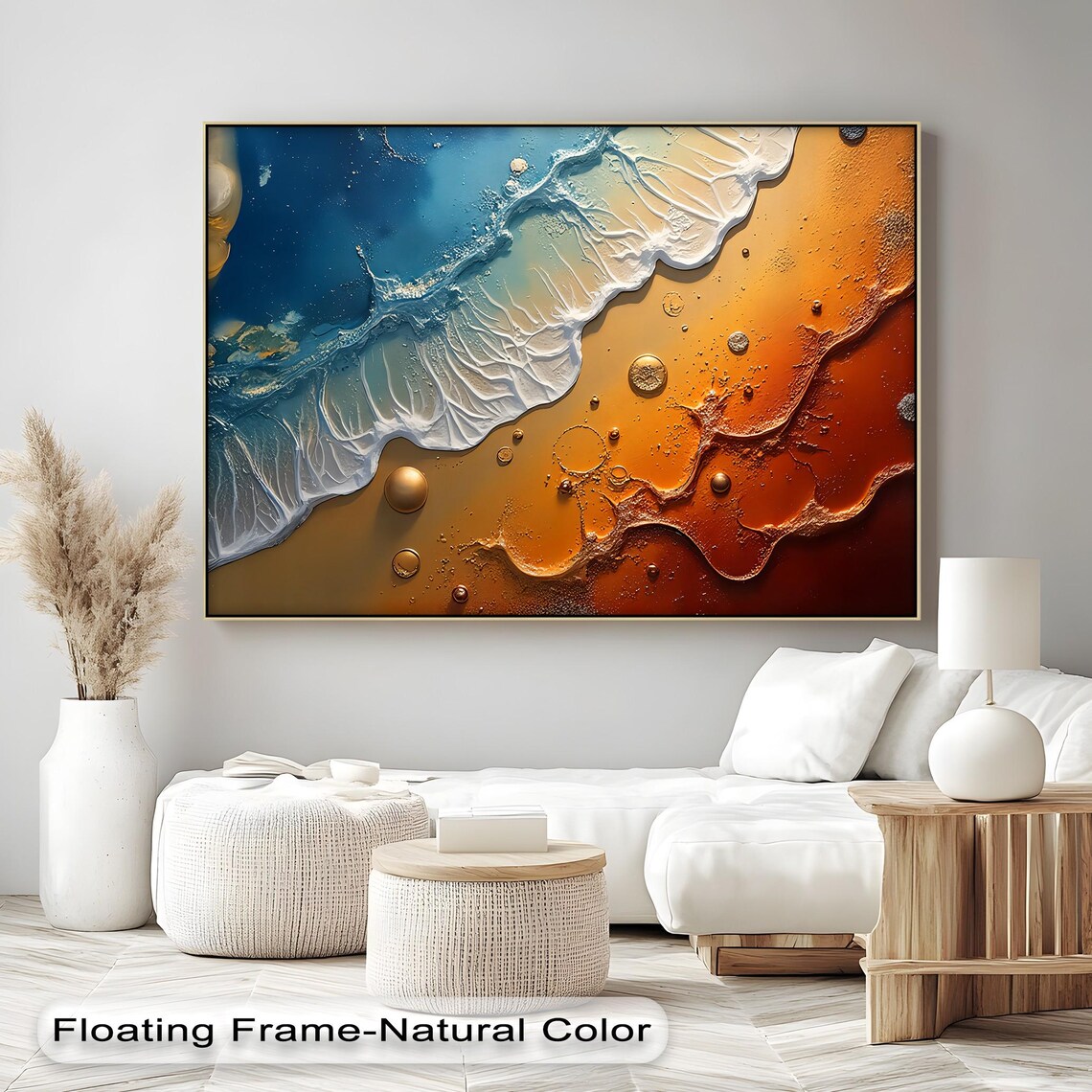 Abstract Ocean Canvas Wall Art Blue Amber White Coastal Prints