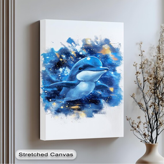 Blue Dolphin Canvas Wall Art Playful Coastal Decor With Floating Frame
