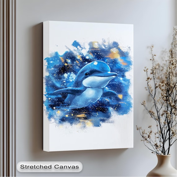 Blue Dolphin Splashing Watercolor Abstract Ocean Canvas Poster