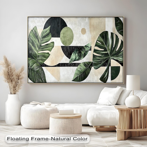 Tropical Leaf Canvas Wall Art Geometric Botanical Print With Natural Frame