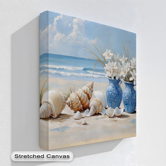 Seashells Blue Vases White Flowers Beach Scene Canvas Wall Art
