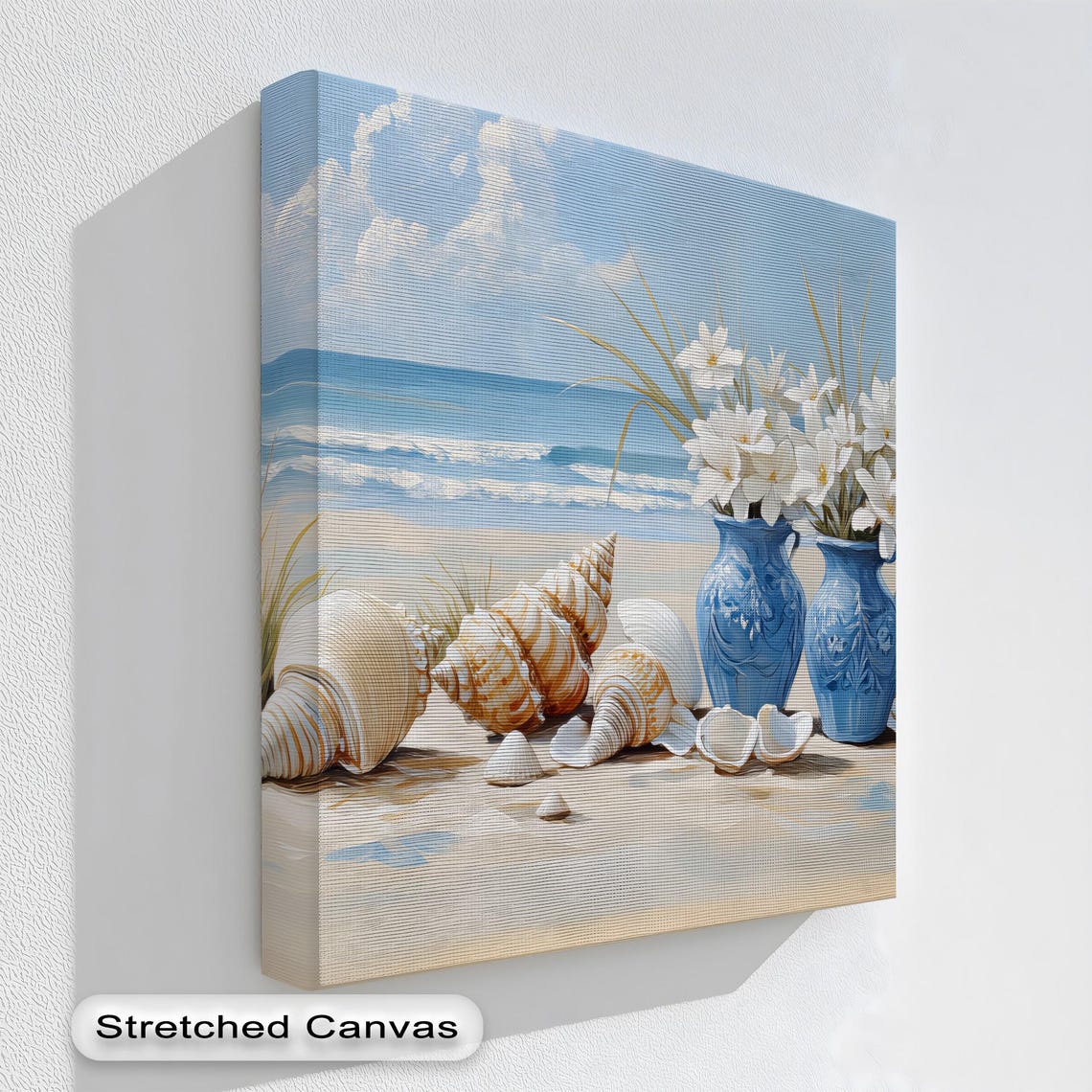 Seashells Blue Vases White Flowers Beach Scene Canvas Wall Art