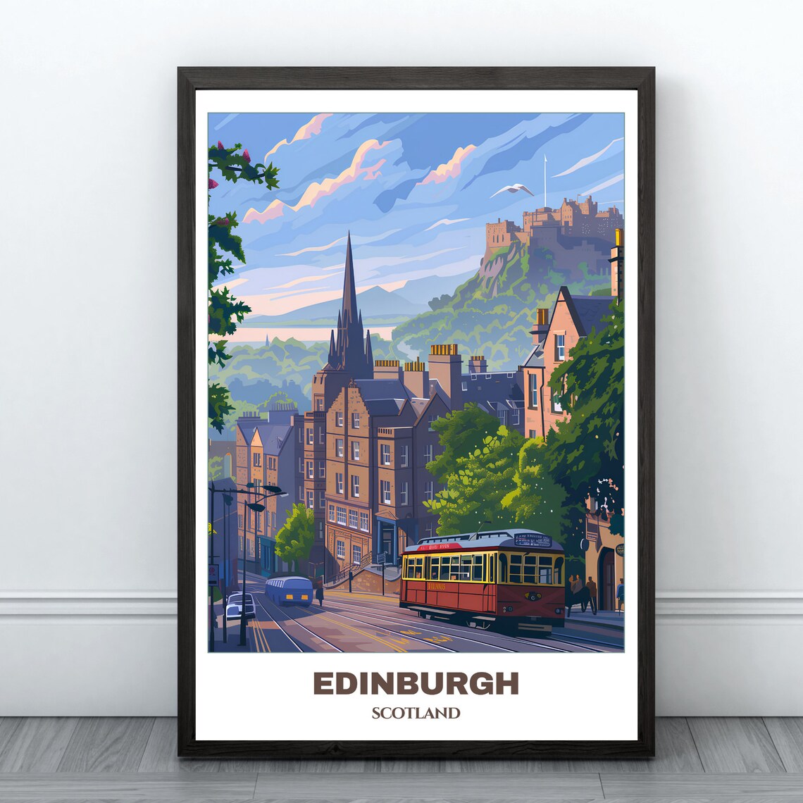 Edinburgh Scotland Castle Tram Street Summer Day Travel Poster