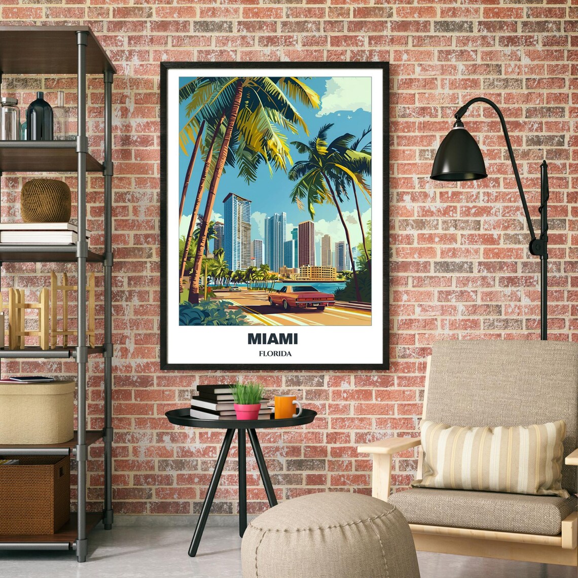 Miami Biscayne Bay Drive Classic Car Palm Trees Skyline Poster - Image 2