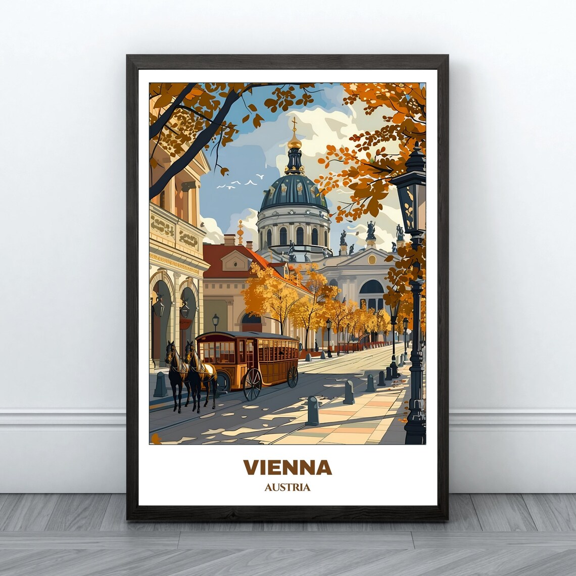 Vienna Austria Autumn Street Horse Carriage Cathedral Scene Poster