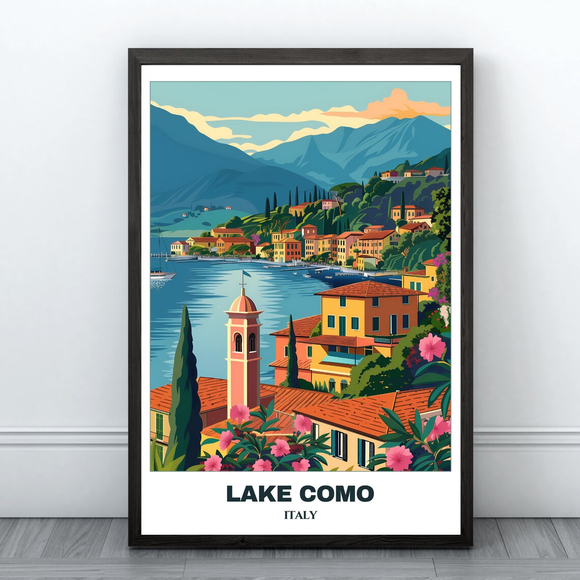Lovely Lake Como Italy Pink Bell Tower Hillside Town Travel Poster
