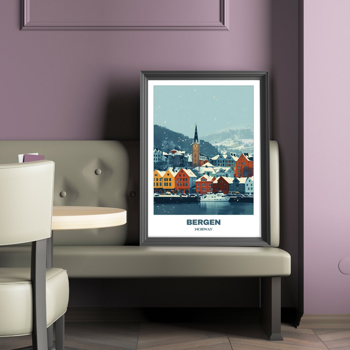 Bergen Winter Snow Colorful Houses Harbor Church Scene Poster - Image 3