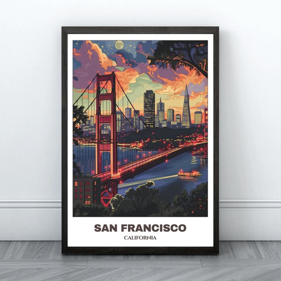 San Francisco Golden Gate Bridge Night Skyline Travel Poster