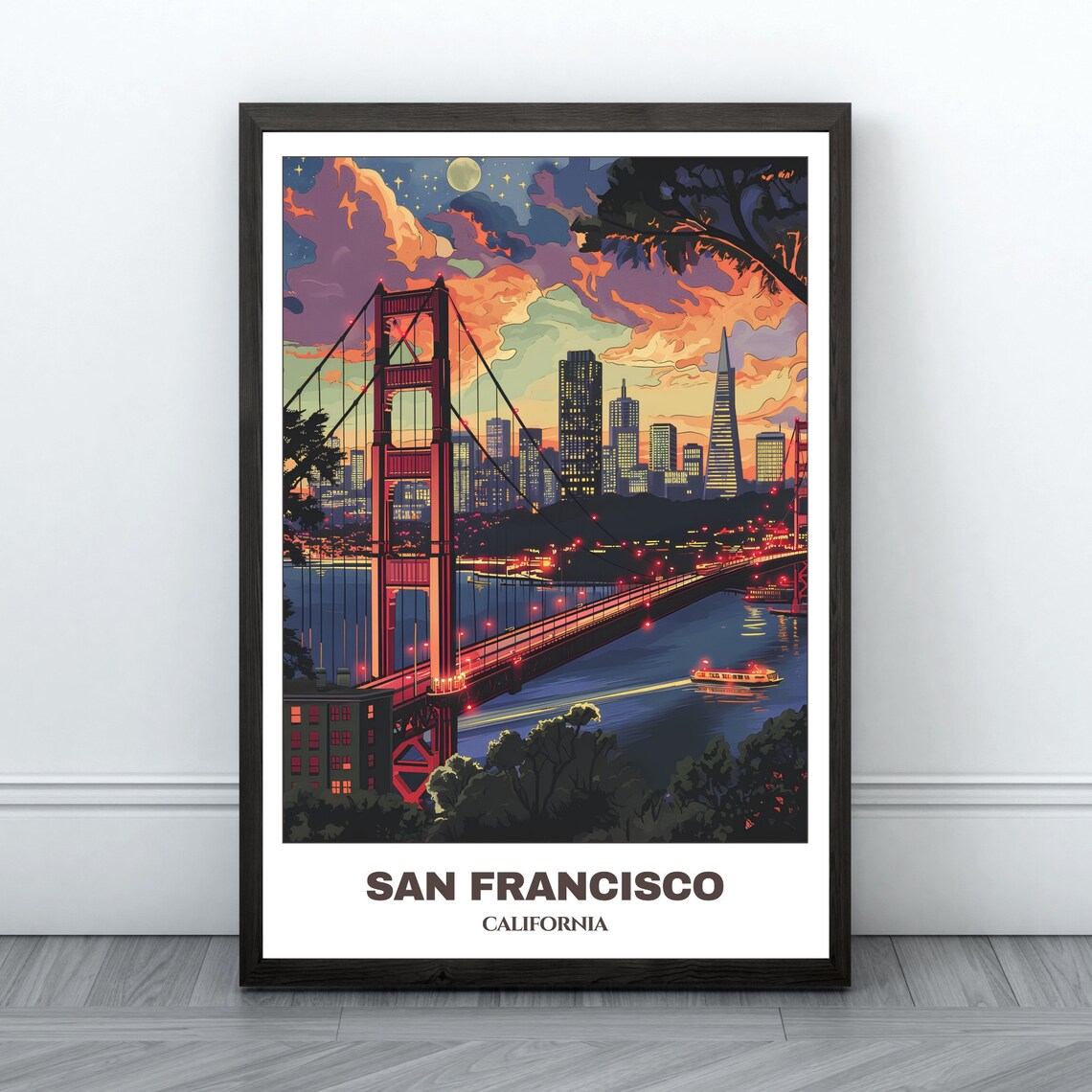 San Francisco Golden Gate Bridge Night Skyline Travel Poster