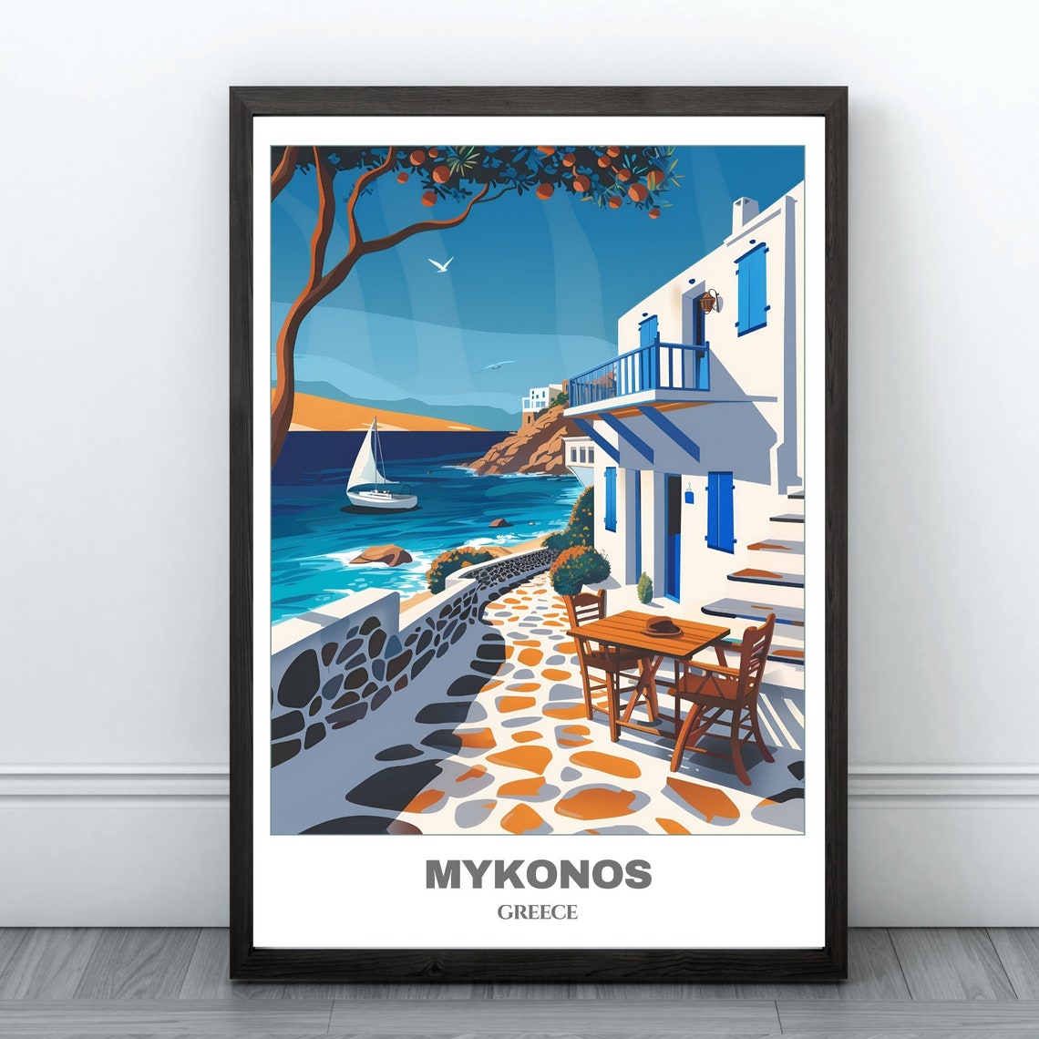 Mykonos Greece White Blue Houses Sailboat Harbor Travel Poster