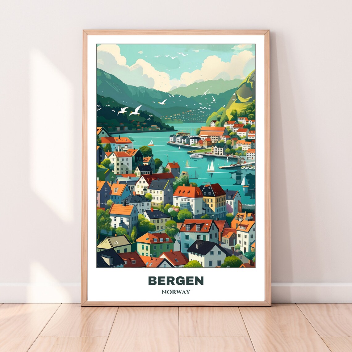 Bergen Aerial View Colorful Houses Harbor Sailboats Seagulls Poster - Image 4