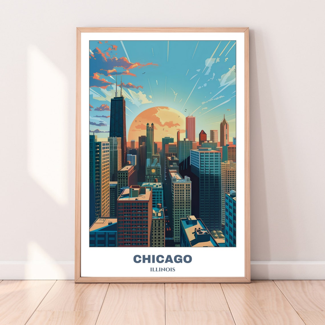 Chicago Illinois Downtown Skyline Blazing Sunset Sky Art Poster - Image 4
