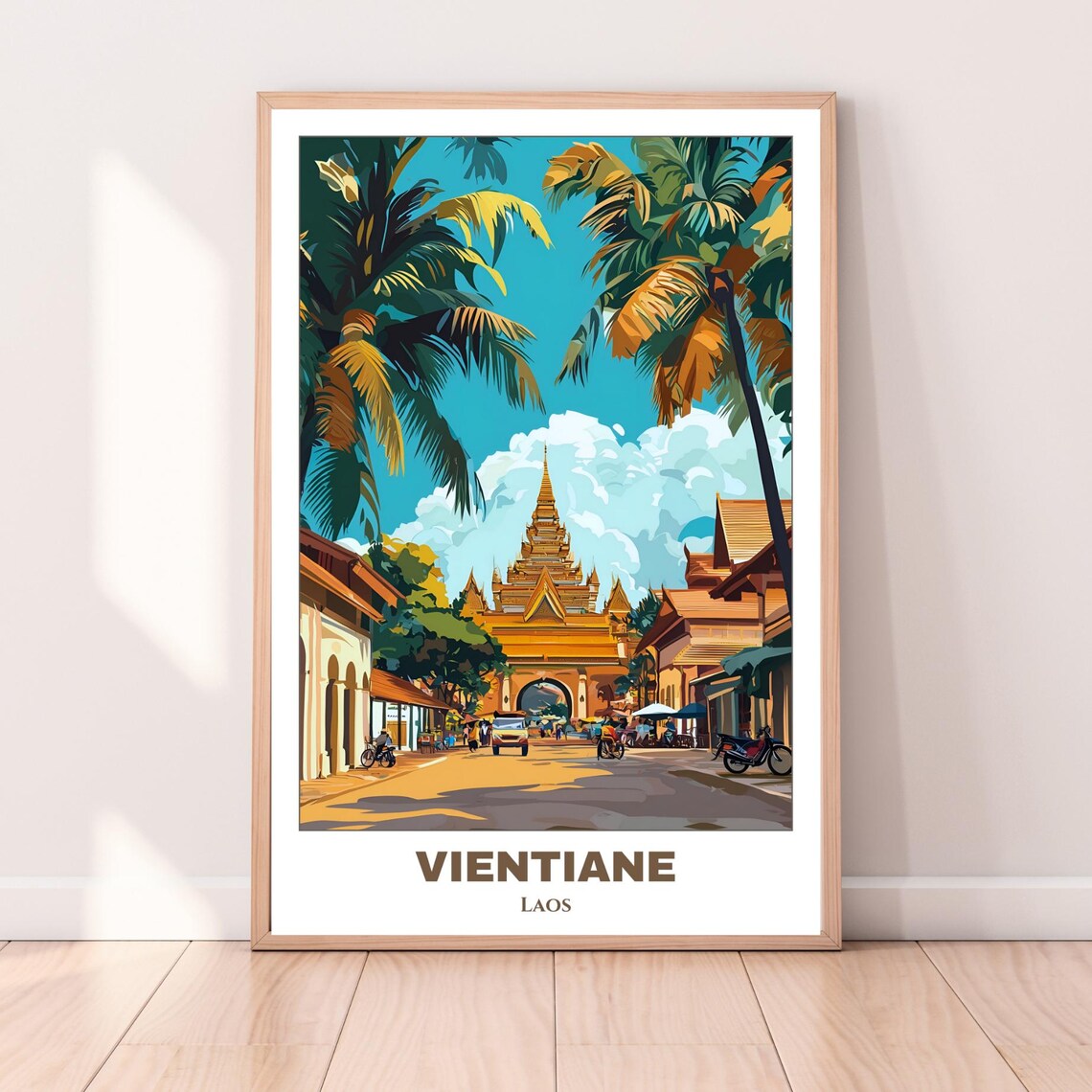 Vientiane Laos Golden Temple Gate Palm Street Vintage Travel Poster - Image 2
