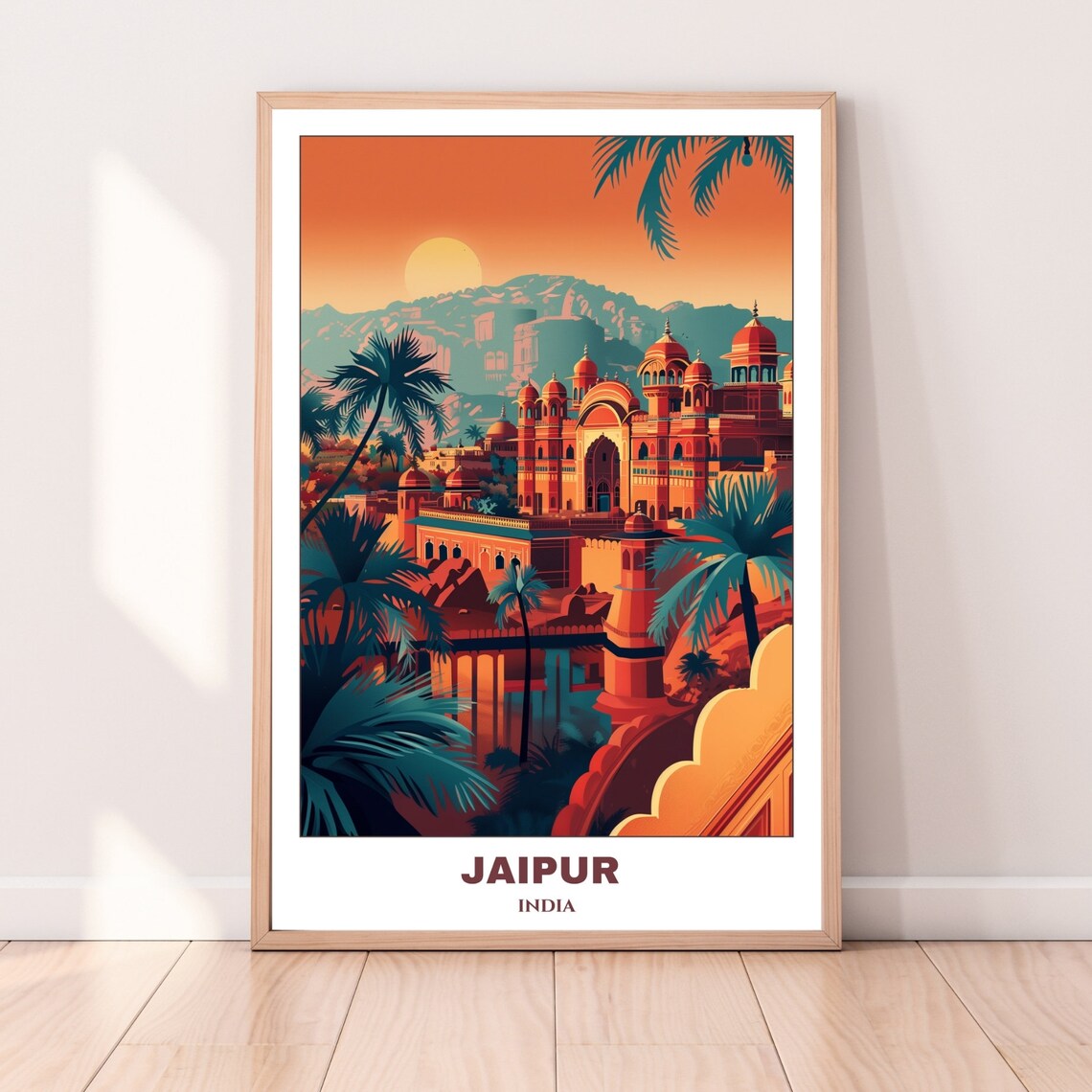 Jaipur Palace Sunset Palm Trees Golden Sky India Travel Poster - Image 2