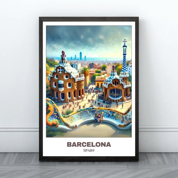 Barcelona Park Guell Gaudi Mosaic Terrace City View Travel Poster