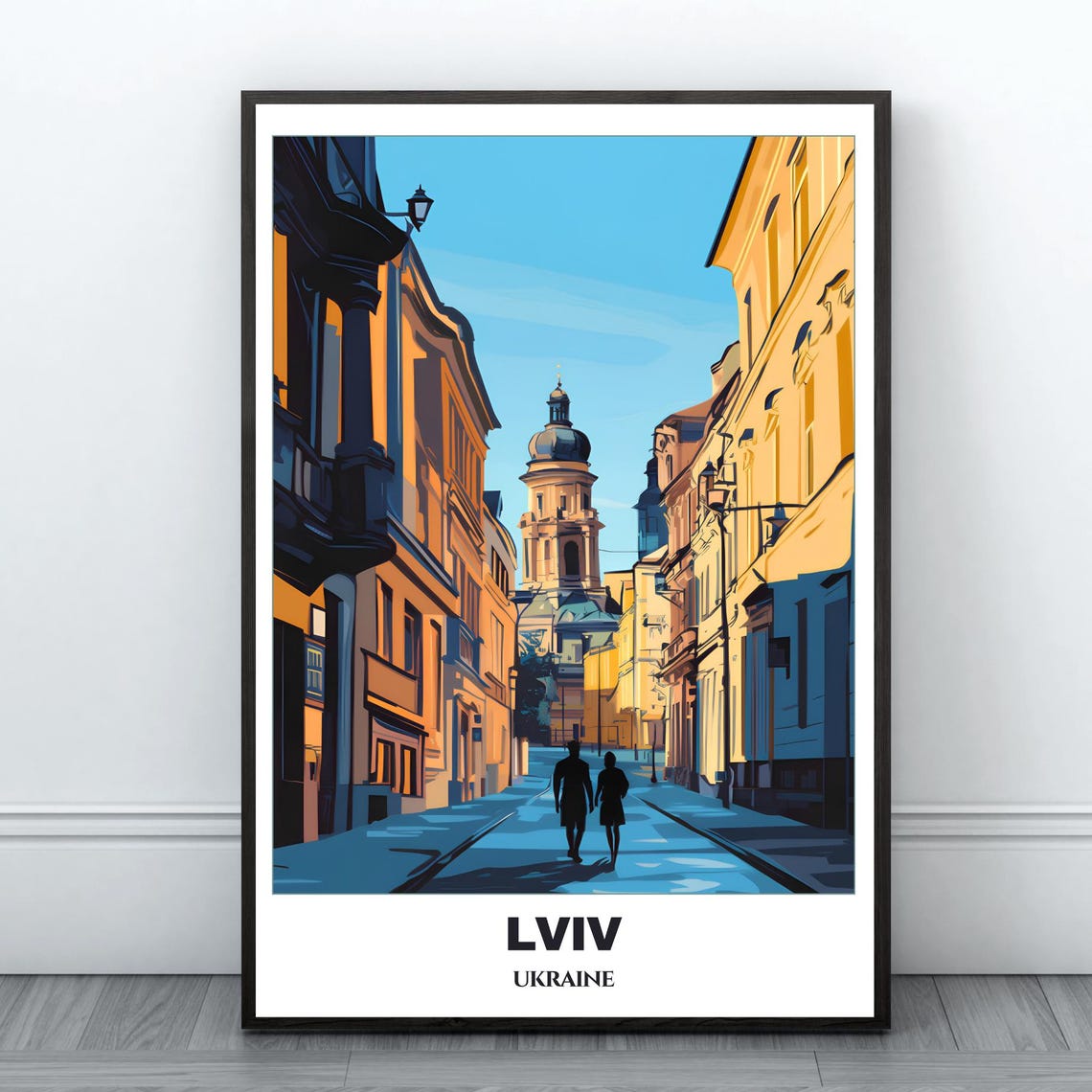 Lviv Ukraine Old Town Street Bell Tower Sunset Vintage Travel Poster
