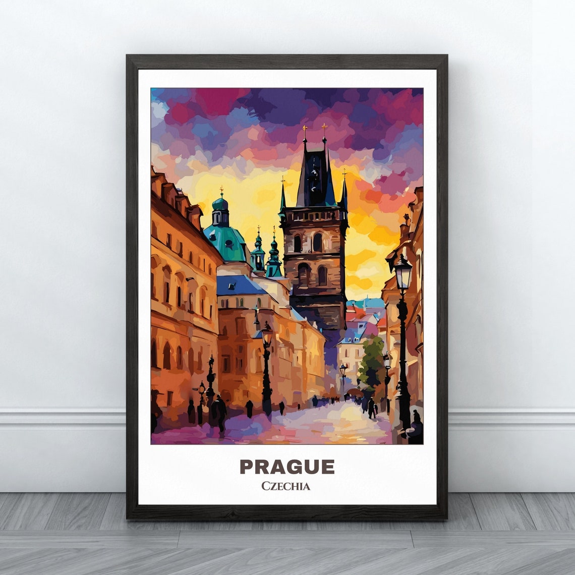 Prague Czechia Historic Old Town Towers Golden Sunset Poster