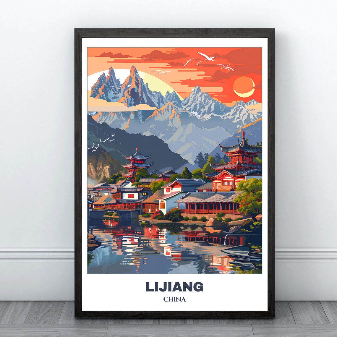 Lijiang Sunset Pagoda Lake Mountain Reflection Scenic Poster