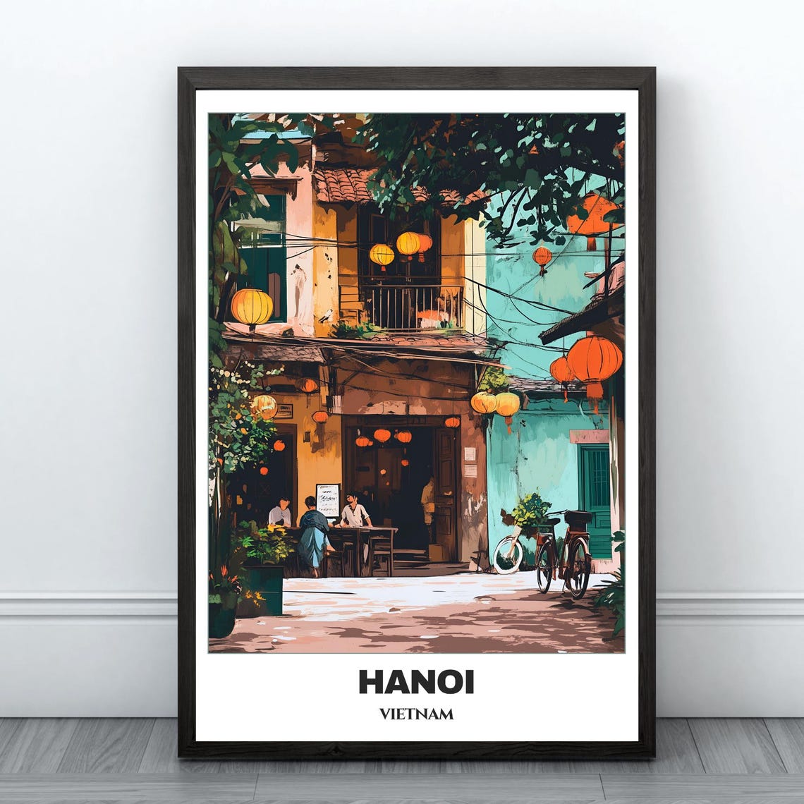 Hanoi Vietnam Old Quarter Lantern Cafe Corner Vintage Travel Poster