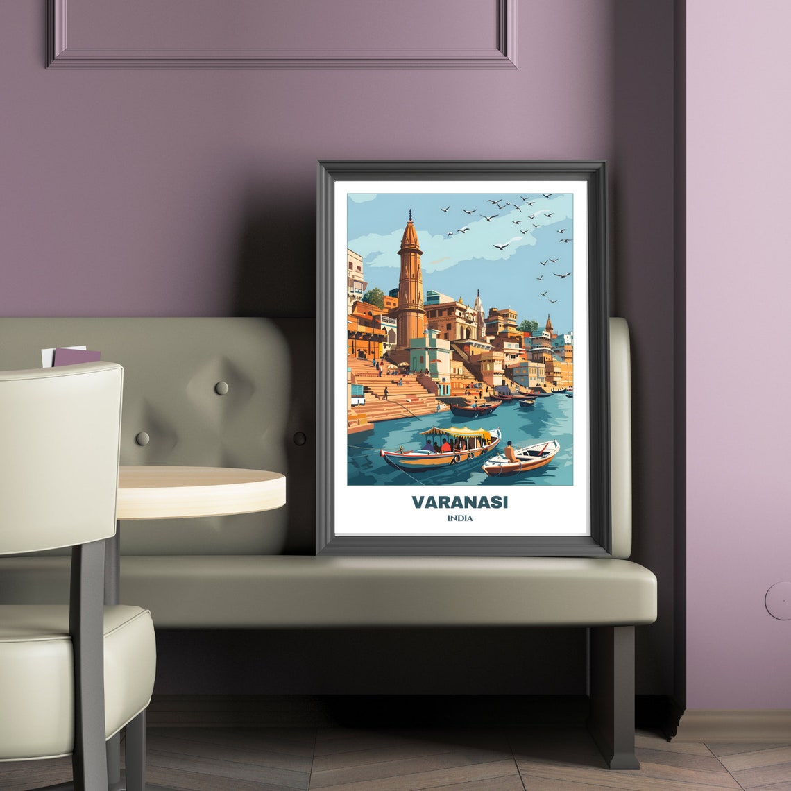 Varanasi India Ghats Temple Spire Canopied Boat Travel Poster - Image 2