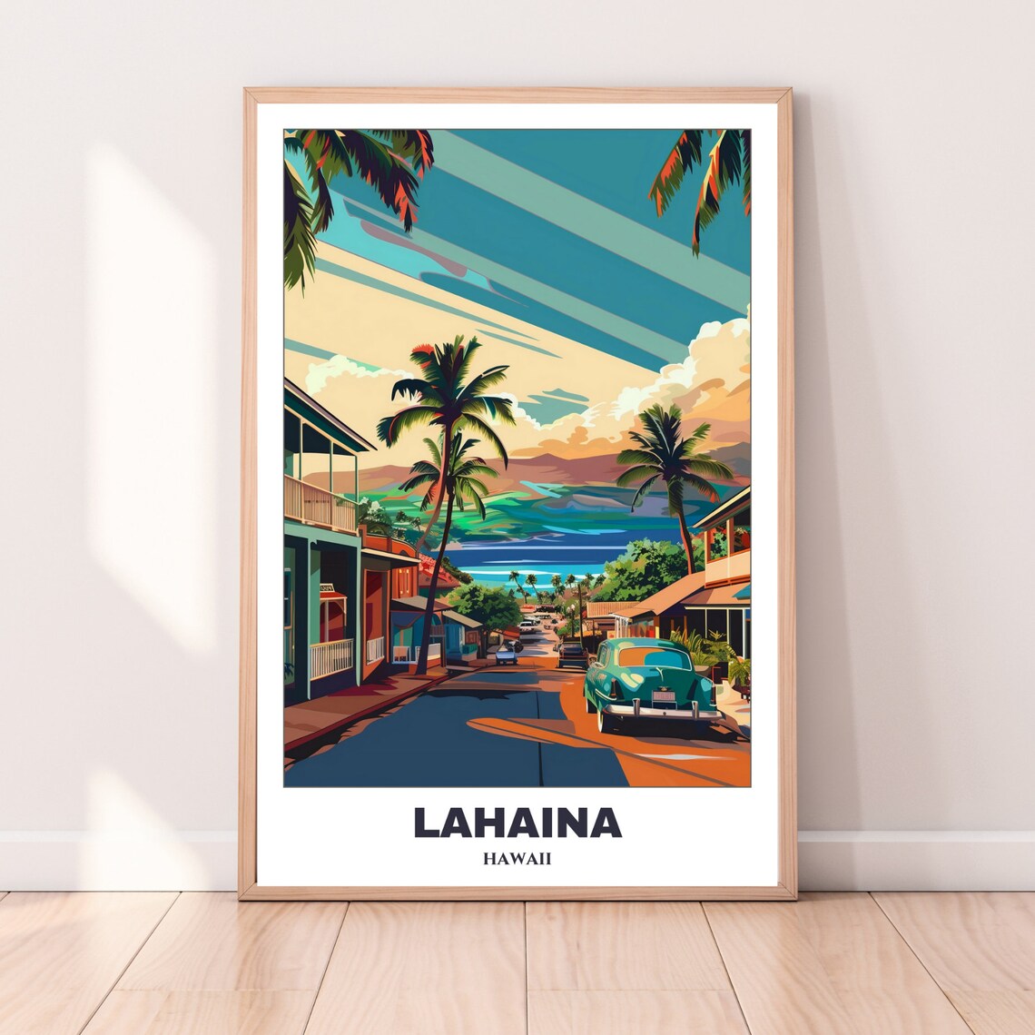 Lahaina Hawaii Vintage Car Palm Street Ocean View Travel Poster - Image 3