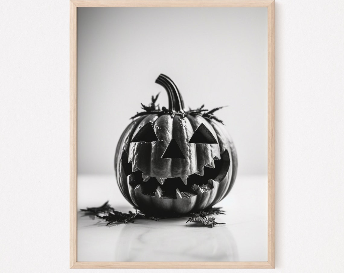 Halloween Jackolantern Wall Art Print Pumpkin Spooky Moody Black And White Fall Autumn Decor Modern - Image 2