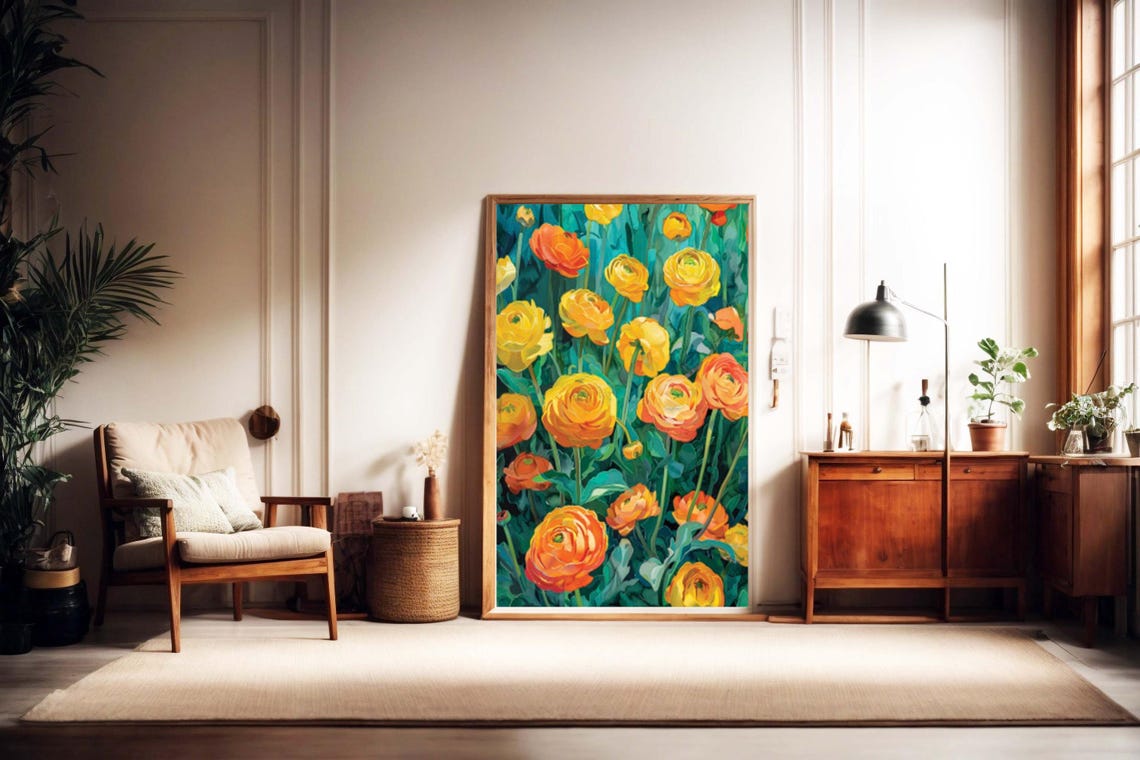 Vibrant Orange Buttercups Blooming Against Deep Teal Garden Poster - Image 3