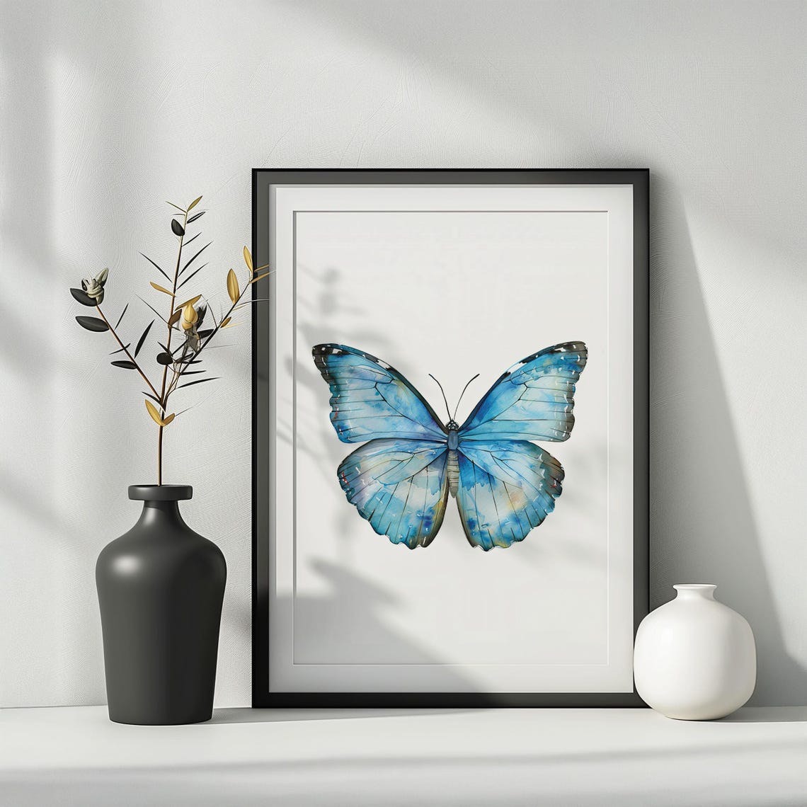 Bright Blue Butterfly Watercolor Study Minimalist Botanical Poster
