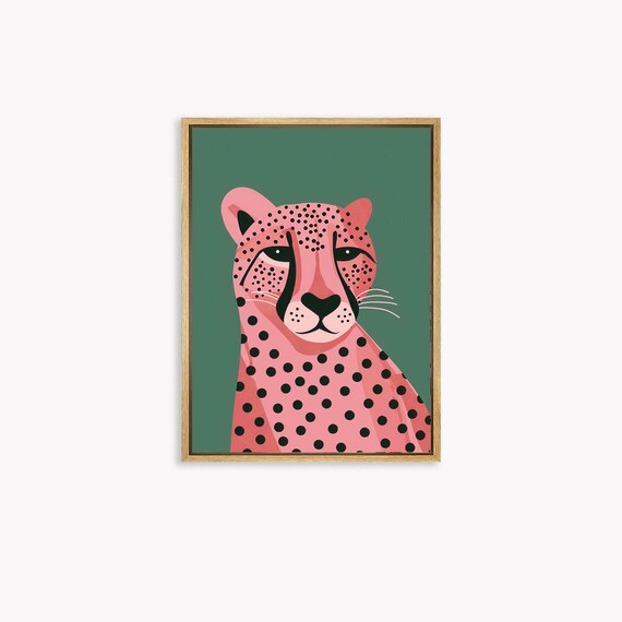 Pink Cheetah Portrait on a Green Background Modern Pop Art Poster