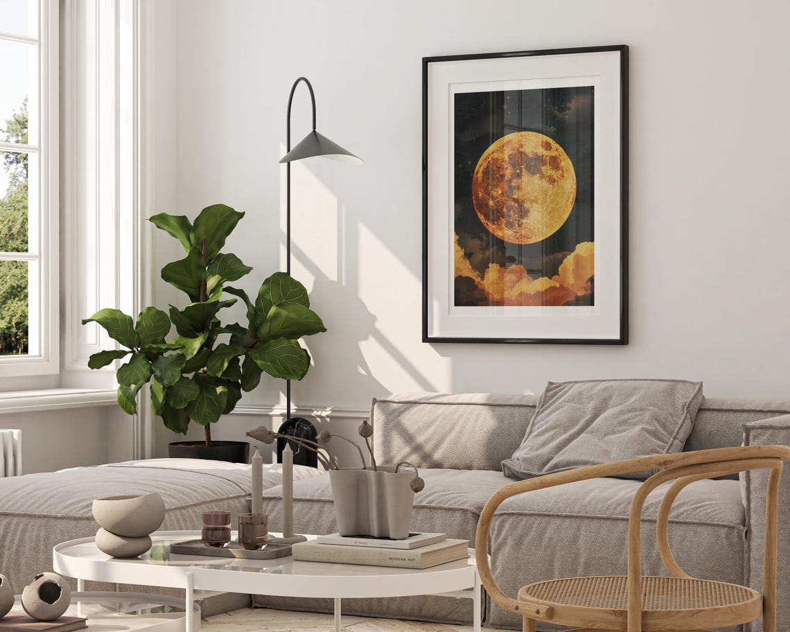 Huge Orange Full Moon Over Glowing Amber Clouds Night Art Poster - Image 6