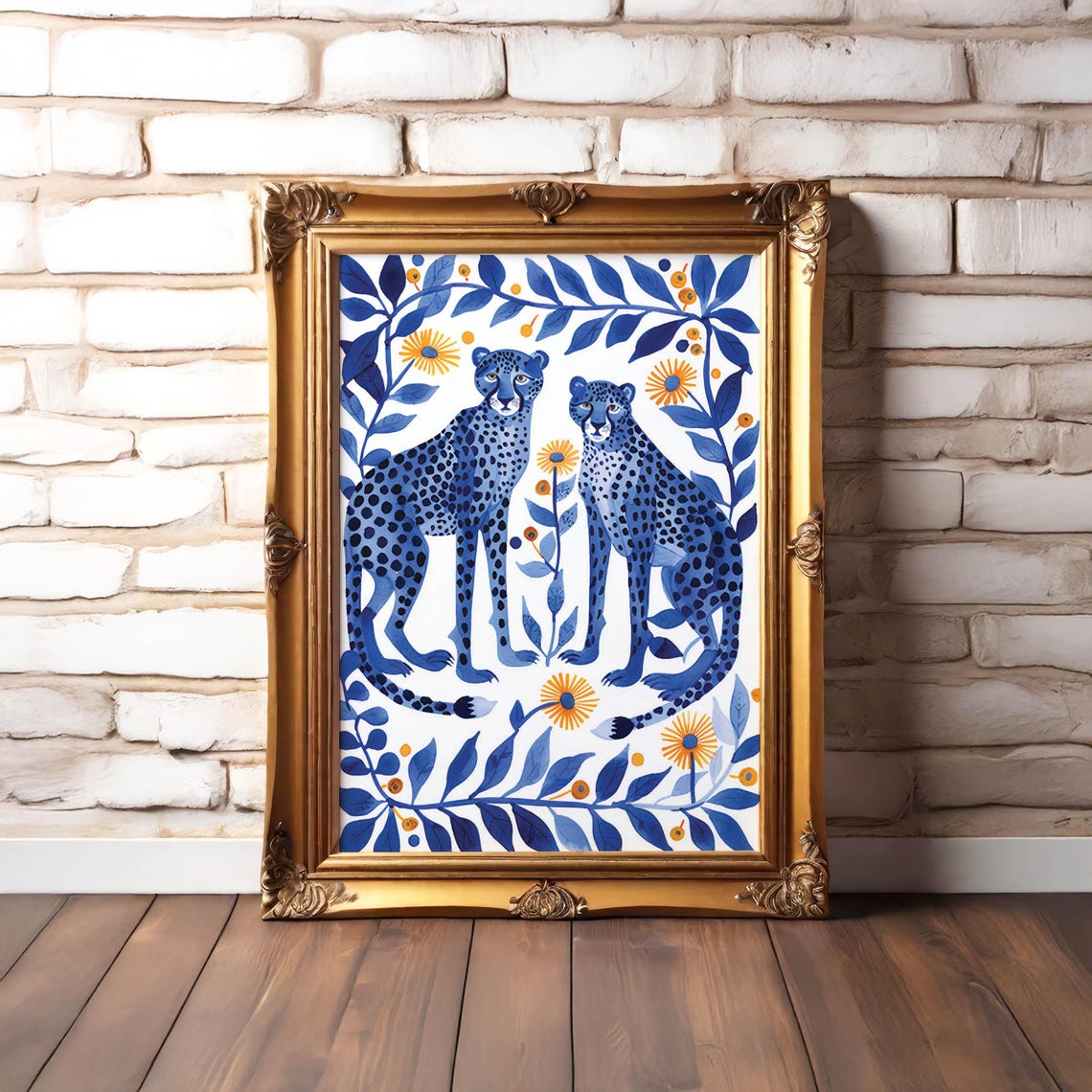 Two Blue Cheetahs Sitting Among Marigolds in Folk Art Style Poster
