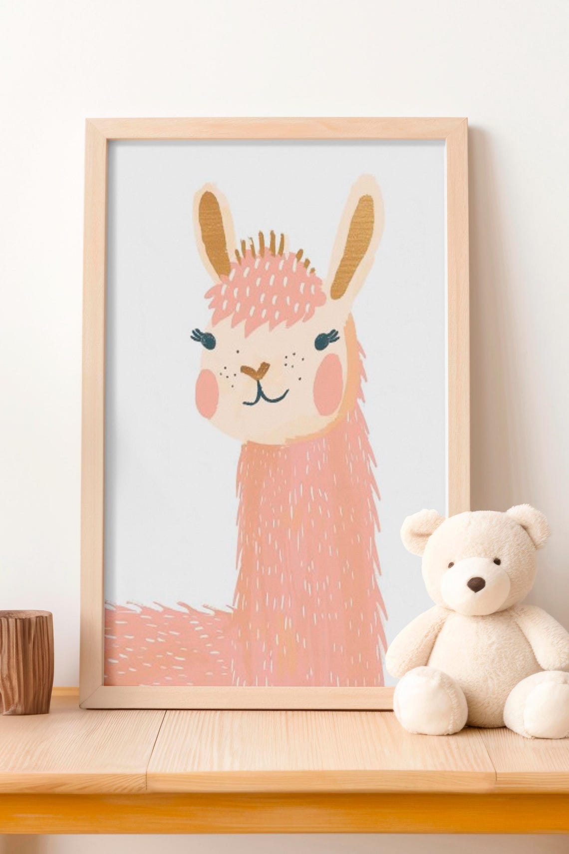 Adorable Peach Llama With Pink Mane Nursery Portrait Wall Art - Image 2