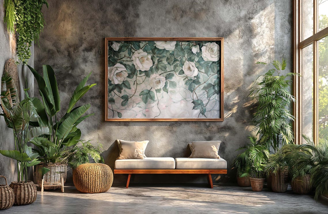 White Climbing Roses With Lush Green Leaves Art Nouveau Wall Art - Image 6