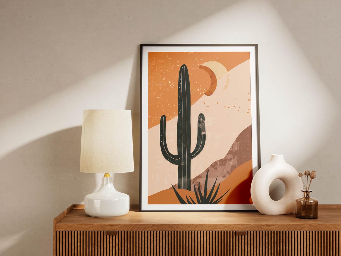 Black Saguaro Silhouette Against an Orange Desert Sun Poster - Image 4