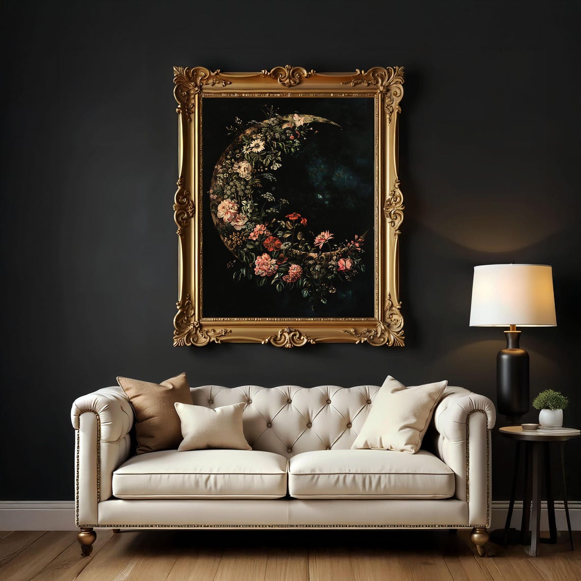 Floral Crescent Moon Botanical Night Sky Vintage Flower Art Poster - Image 4